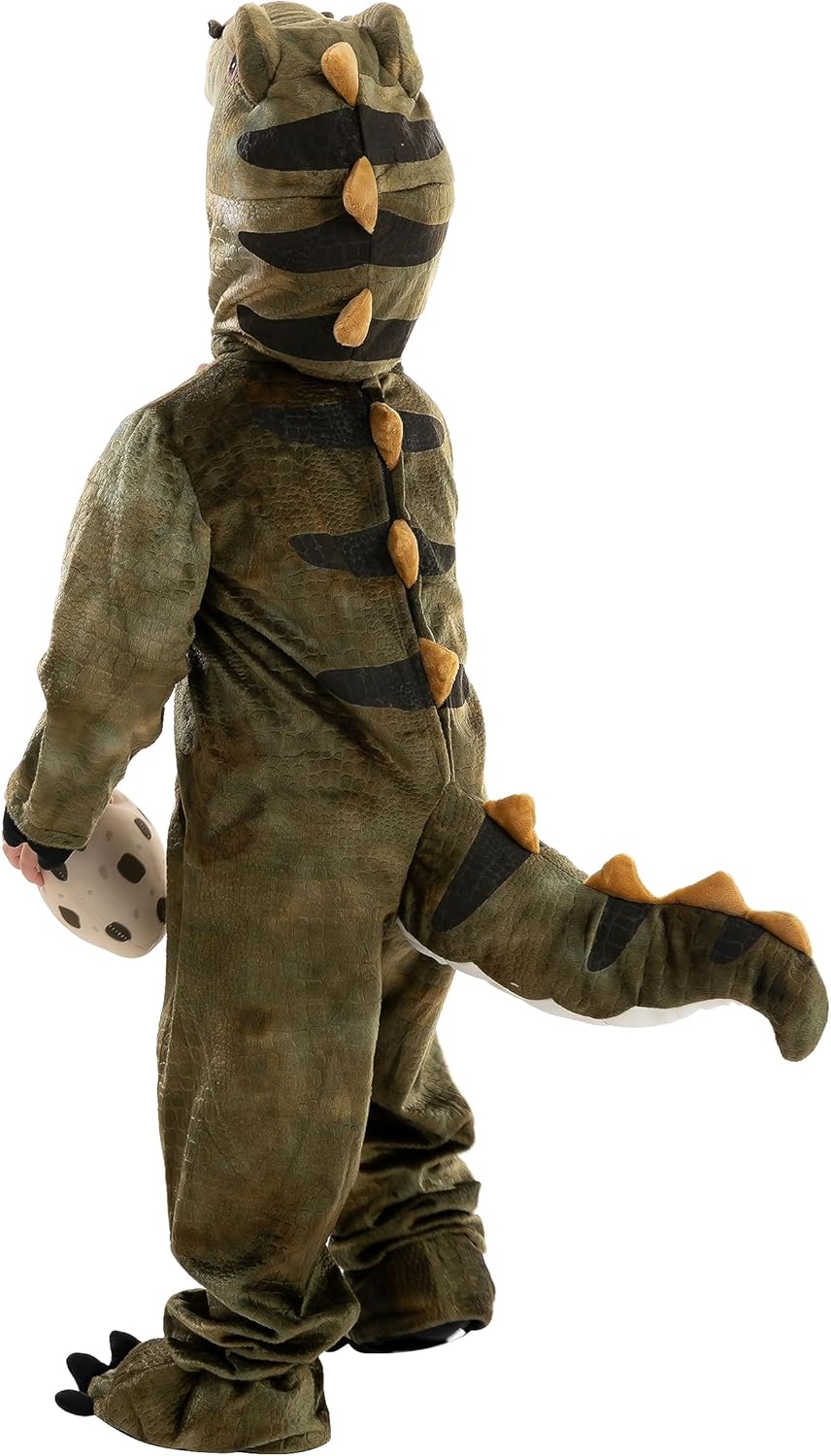 Child wearing a detailed dinosaur costume on a white background