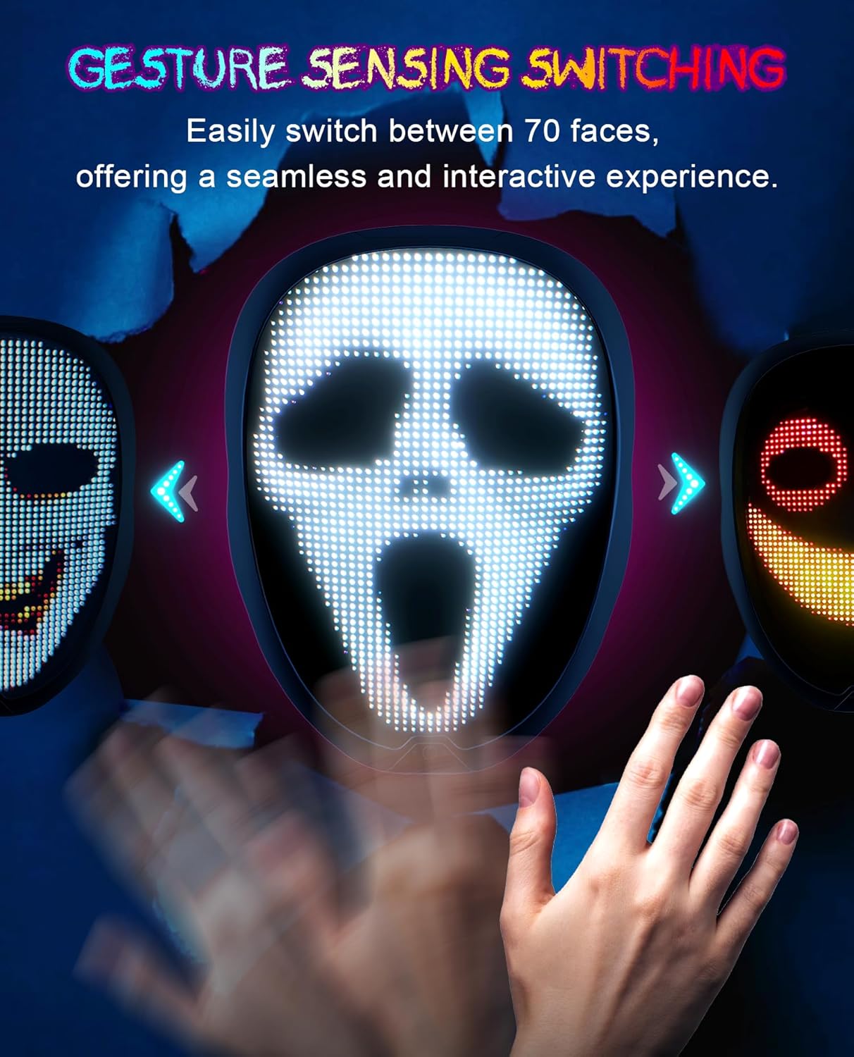 LED face mask with gesture sensing switching technology, showing different facial expressions.