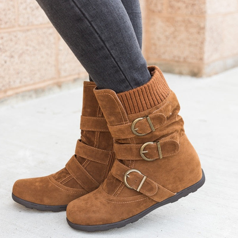 Women's Buckle Strap Winter Boots – Matte Round-Toe Flat Ankle Boots | 4 Colors