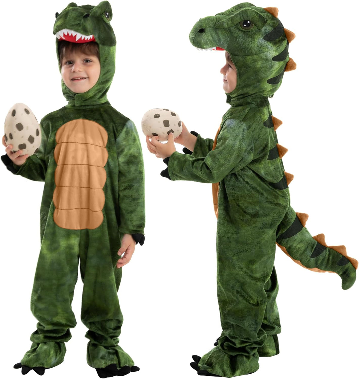 Child in a green dinosaur costume holding an egg, on a white background