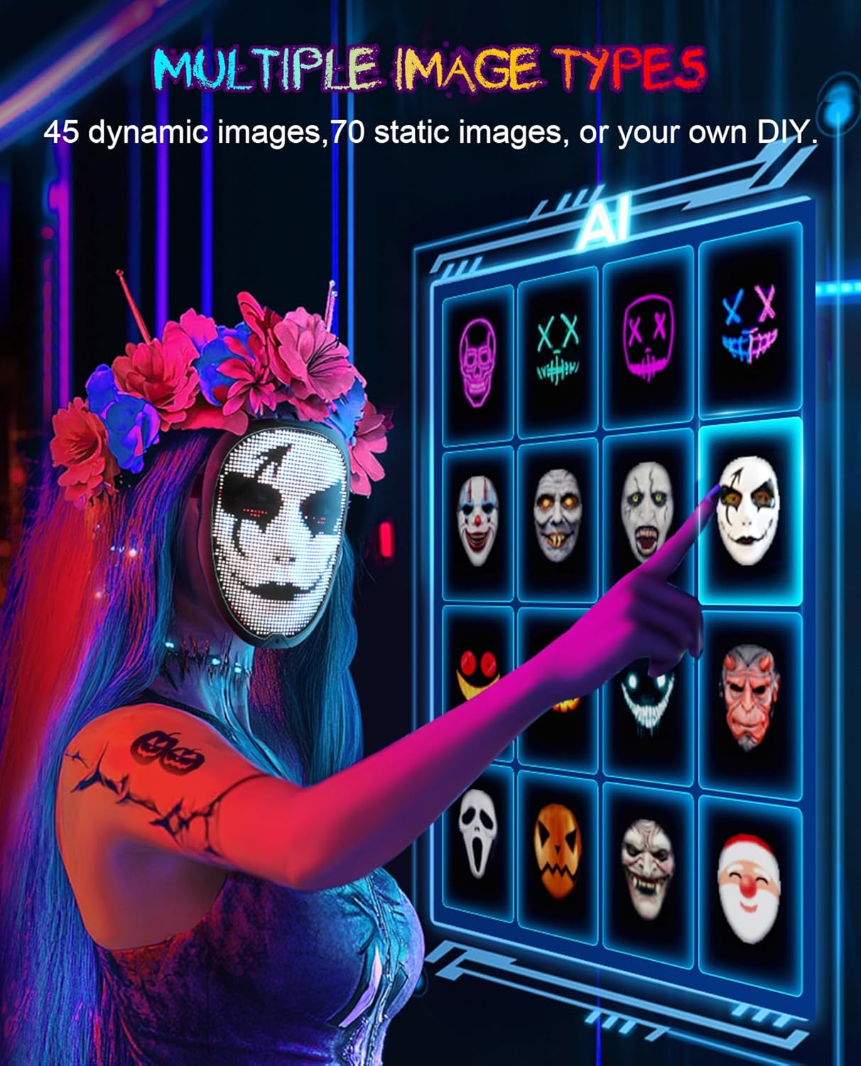 Person with colorful hair and makeup pointing at a digital display of masks.