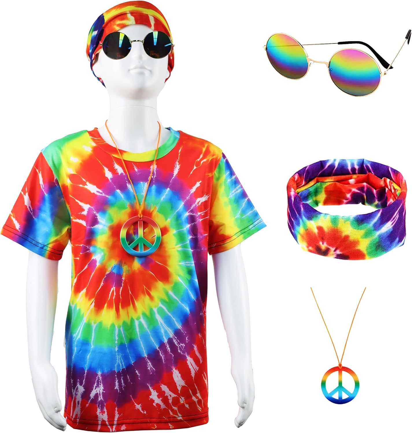Mannequin wearing a tie-dye shirt with accessories including sunglasses, headband, and necklace on a white background.