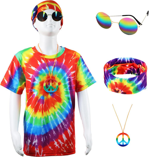 Mannequin wearing a tie-dye shirt with accessories including sunglasses, headband, and necklace on a white background.