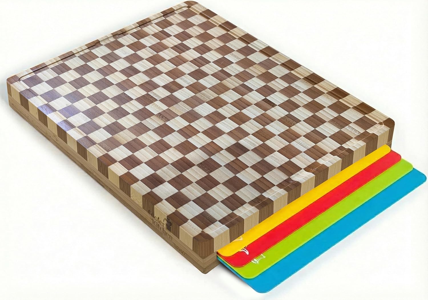 Cooler Kitchen Bamboo Cutting Board Set with 6 Color-Coded Mats & Holder