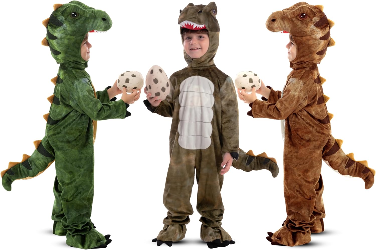 Three children in dinosaur costumes holding toy eggs on a white background
