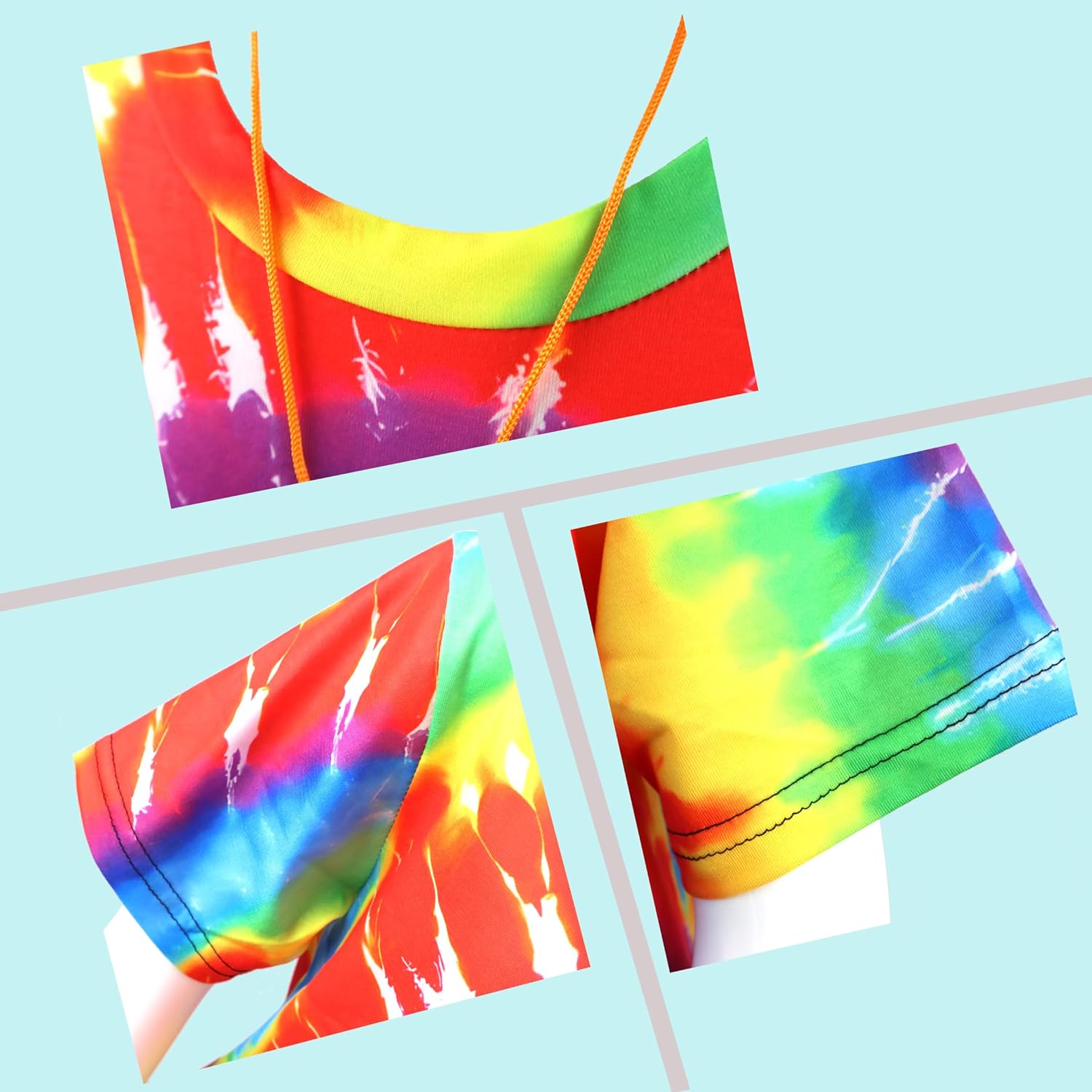 Colorful tie-dye clothing set on a light blue background