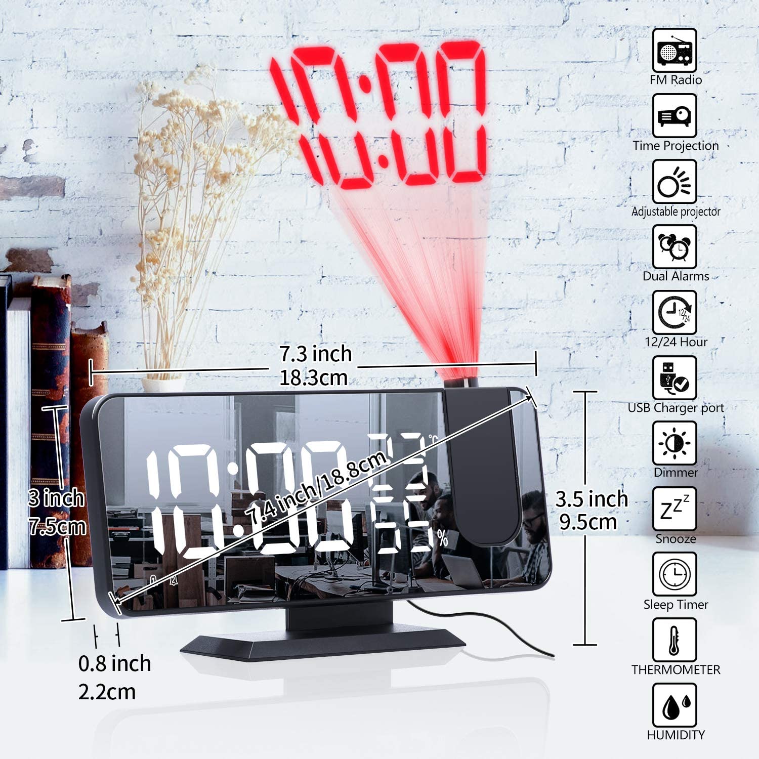 Mirror Projection Alarm Clock | Ceiling & Wall Display | Temperature | Silent