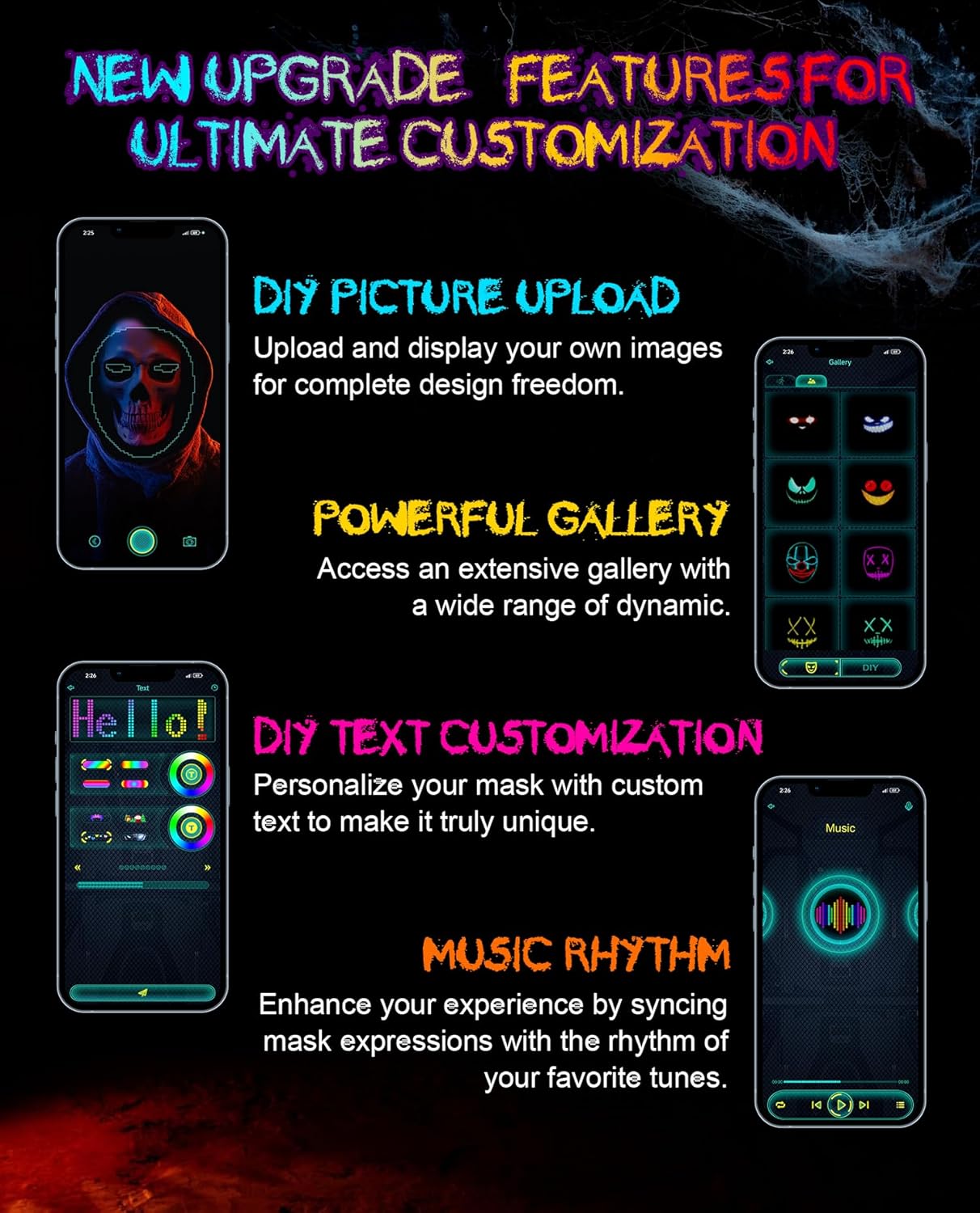 Promotional graphic for a mask customization app with features like DIY picture upload, powerful gallery, text customization, and music rhythm.