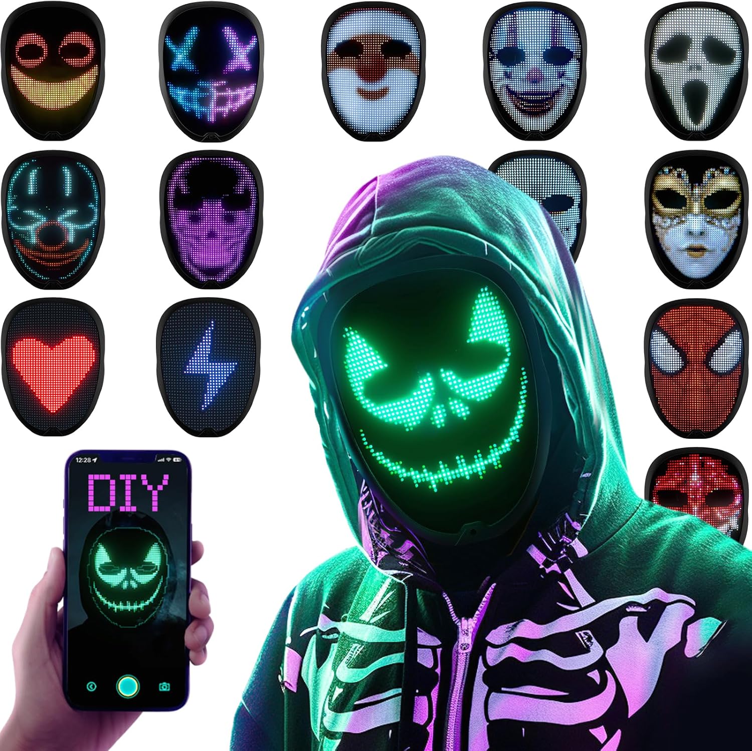 Person wearing a green LED mask with skeleton design, surrounded by various LED masks and a phone displaying a mask design.