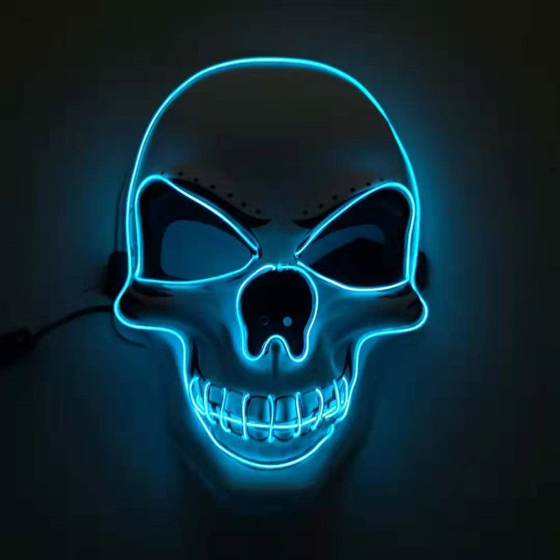 Blue LED skull mask on a black background