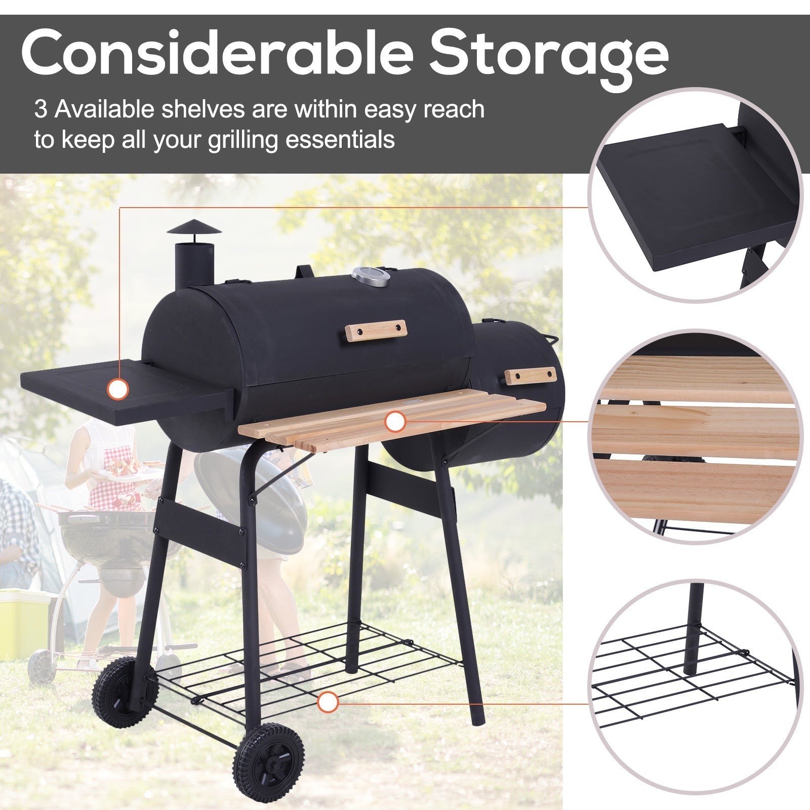 Outsunny 48-Inch Charcoal BBQ Grill & Offset Smoker Combo – Black