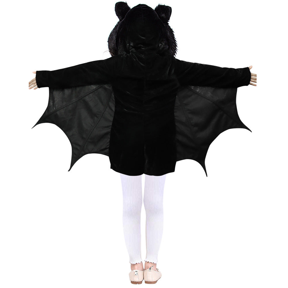 A child wearing a black bat costume with attached wings, furry ears, and a hood, shown from the back against a plain white background.