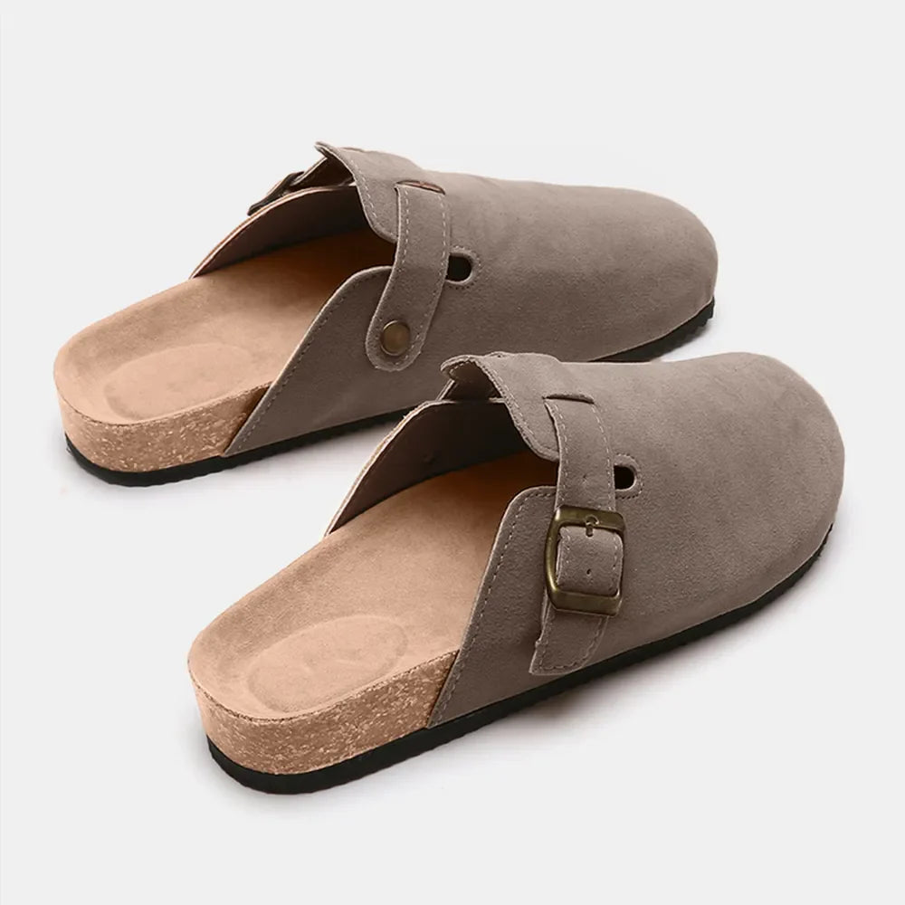 Suede Closed-Toe Buckle Slide – Faux Suede Flat Sandal