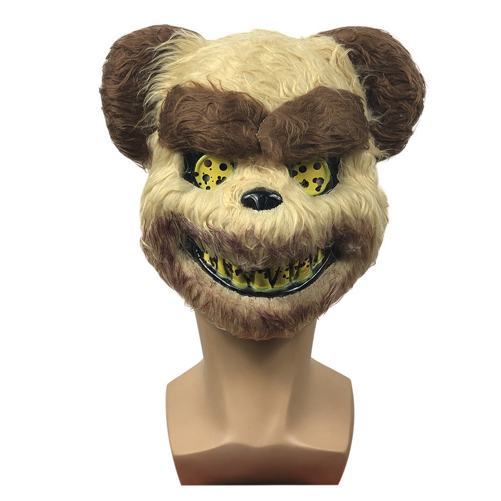 Beaver-like mask with brown ears and yellow eyes on a mannequin head against a white background