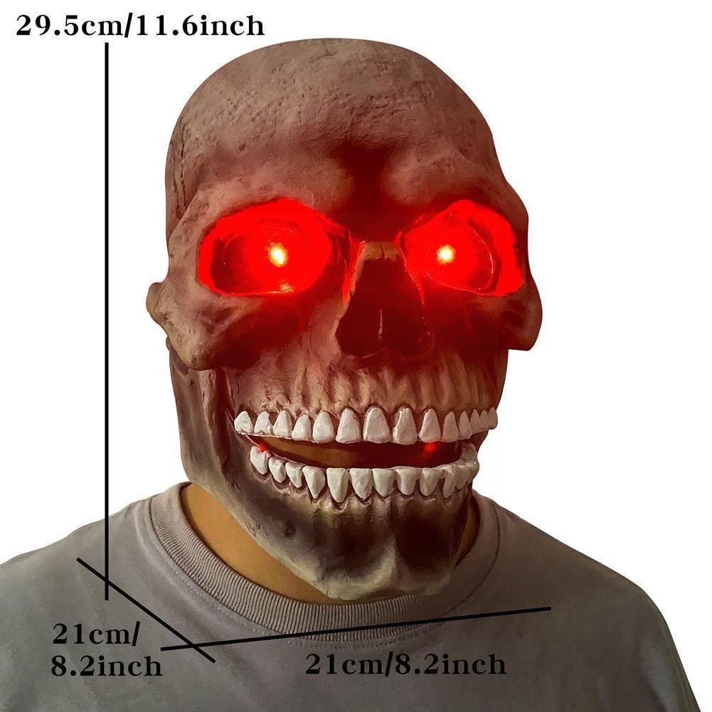 Skull mask with glowing red eyes and measurements on a white background