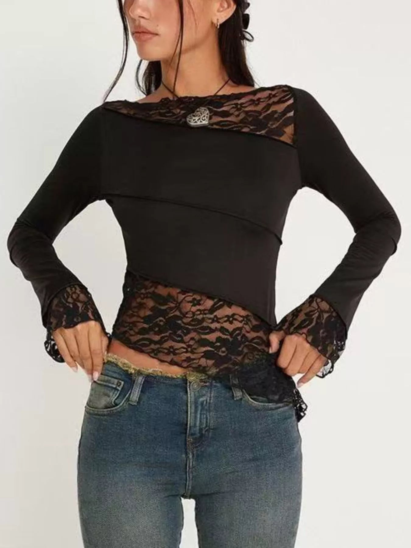 Asymmetrical Lace Trim Long Sleeve T-Shirt – Slightly Stretchy | S–L