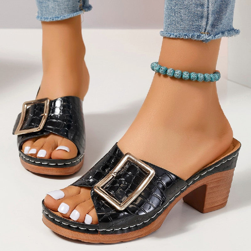 Women's Crocodile-Texture Peep-Toe Chunky Heel Sandals – Buckle Closure