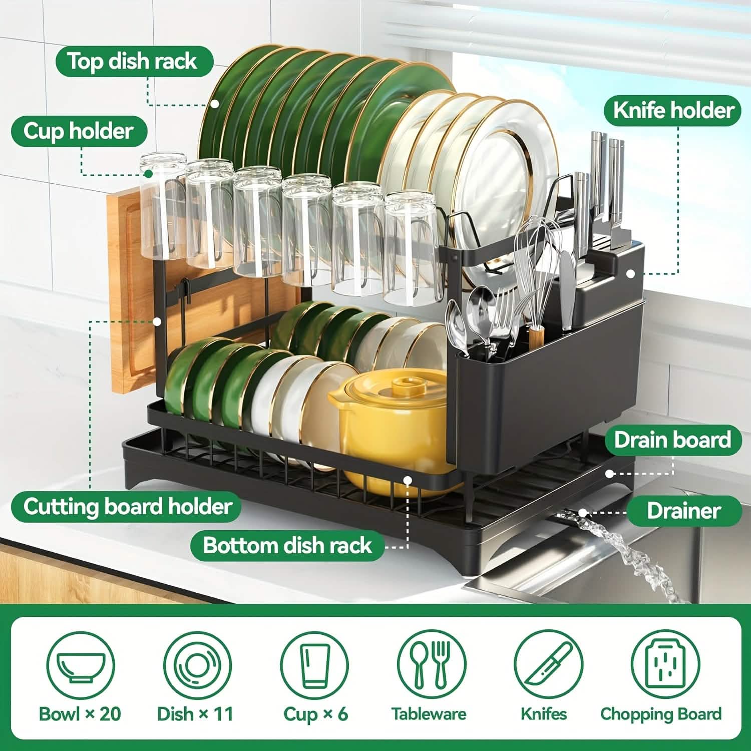 Black Metal Dish Rack | Rust-Resistant | Cup Hooks & Drainage Tray | 2-Layer & 3-Layer