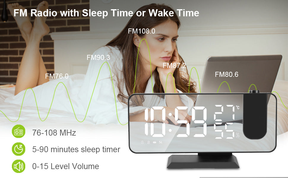 Mirror Projection Alarm Clock | Ceiling & Wall Display | Temperature | Silent