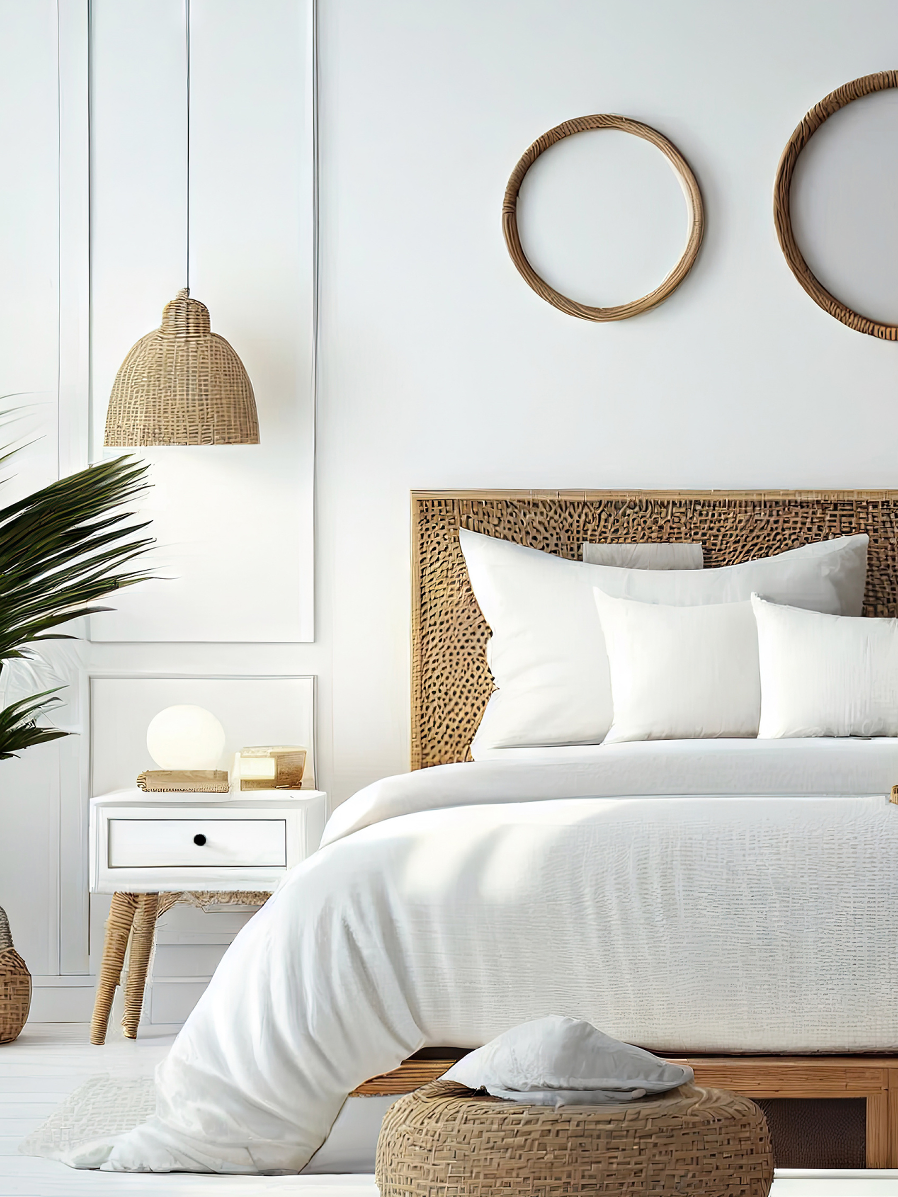 Bedroom with white bedding, wicker headboard, and decorative elements.