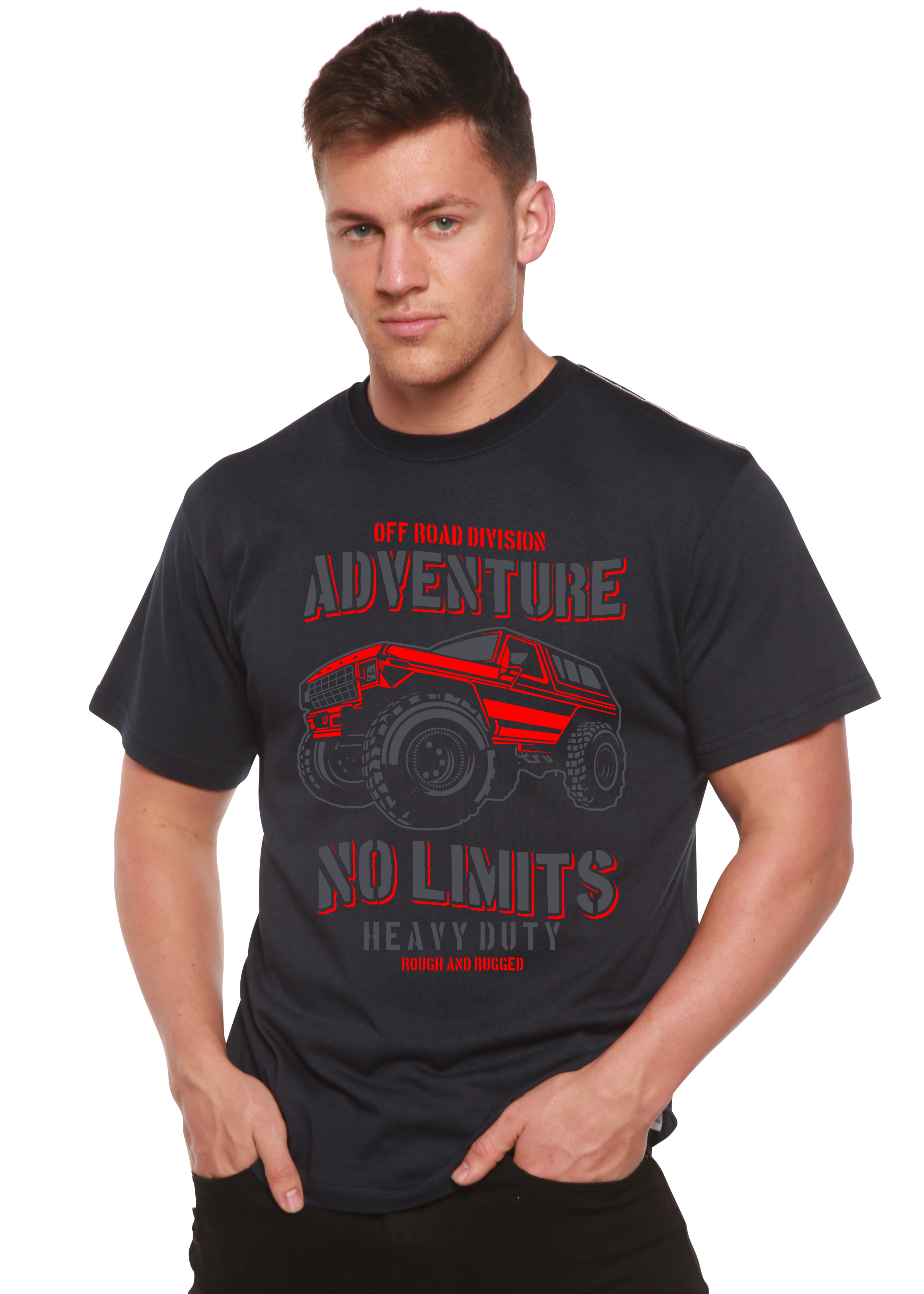 Man wearing a black t-shirt with a red and gray graphic design on a white background