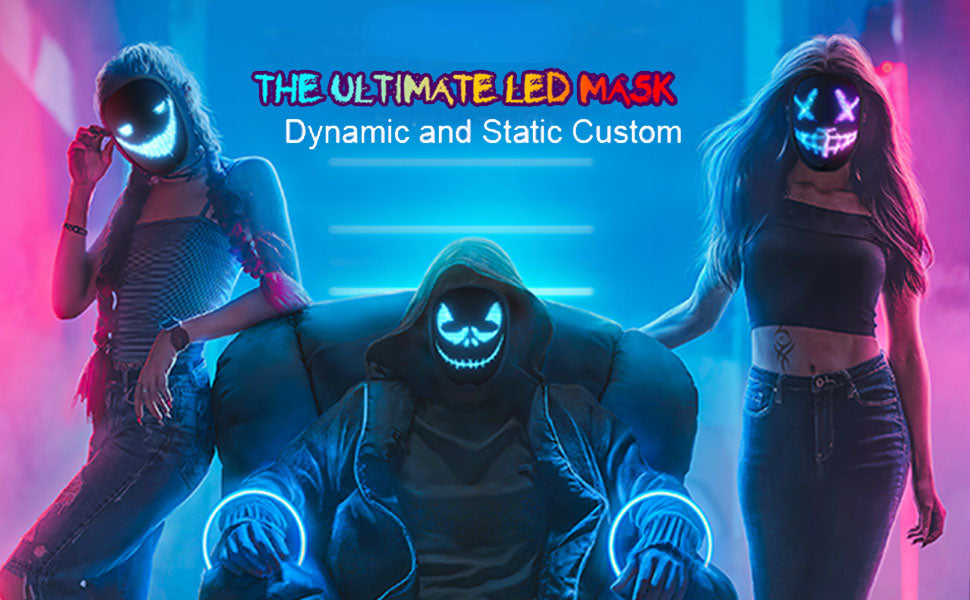 People wearing LED masks with dynamic and static customization options, set against a colorful background.