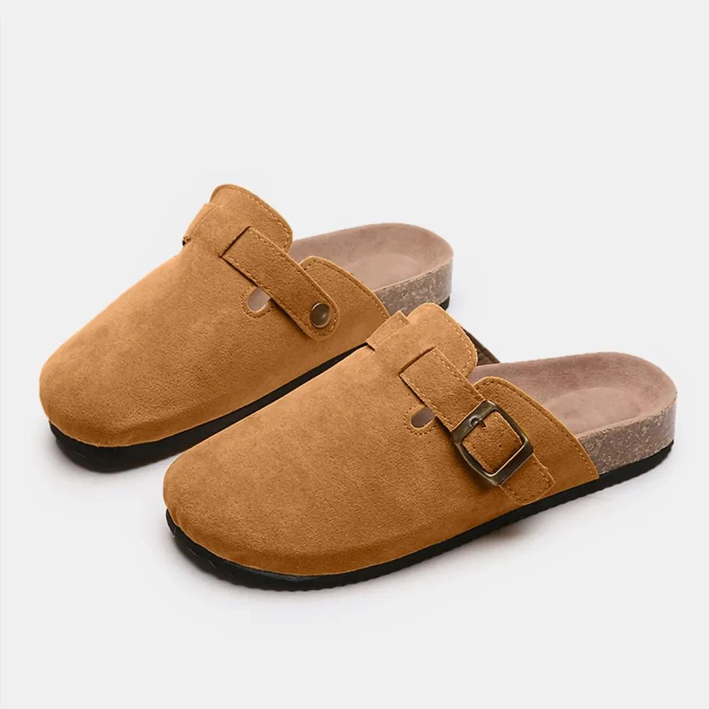 Suede Closed-Toe Buckle Slide – Faux Suede Flat Sandal