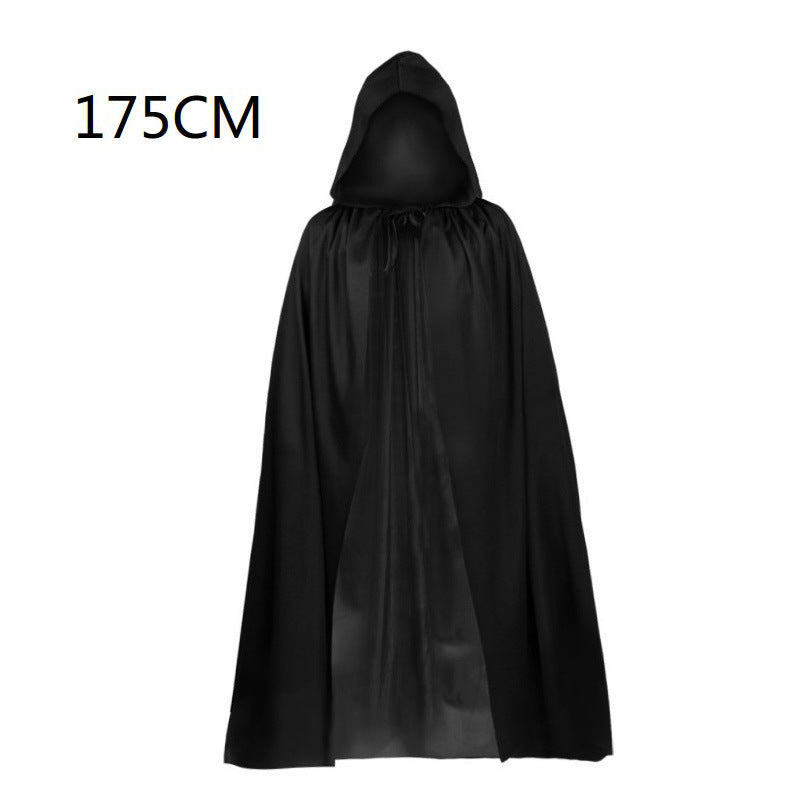 Black hooded cloak on a white background with height measurement '175CM'.