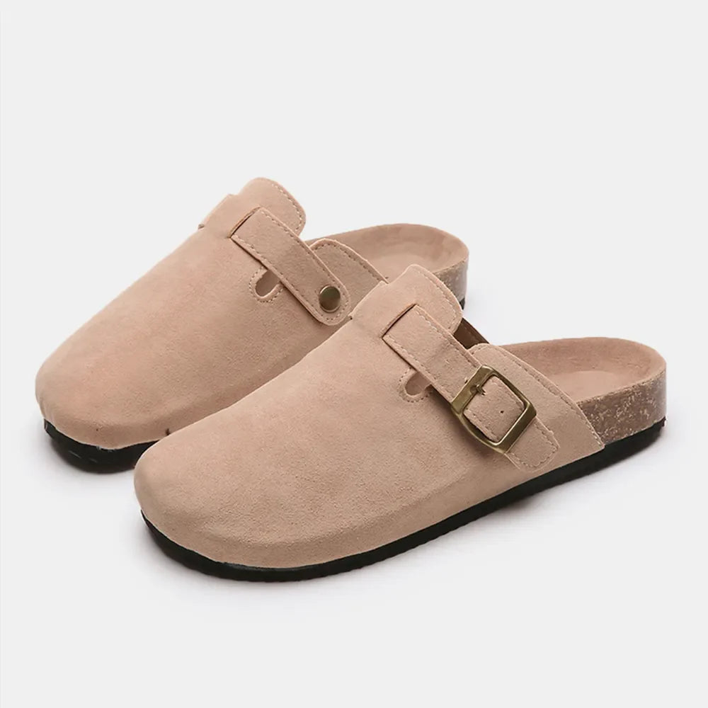 Suede Closed-Toe Buckle Slide – Faux Suede Flat Sandal