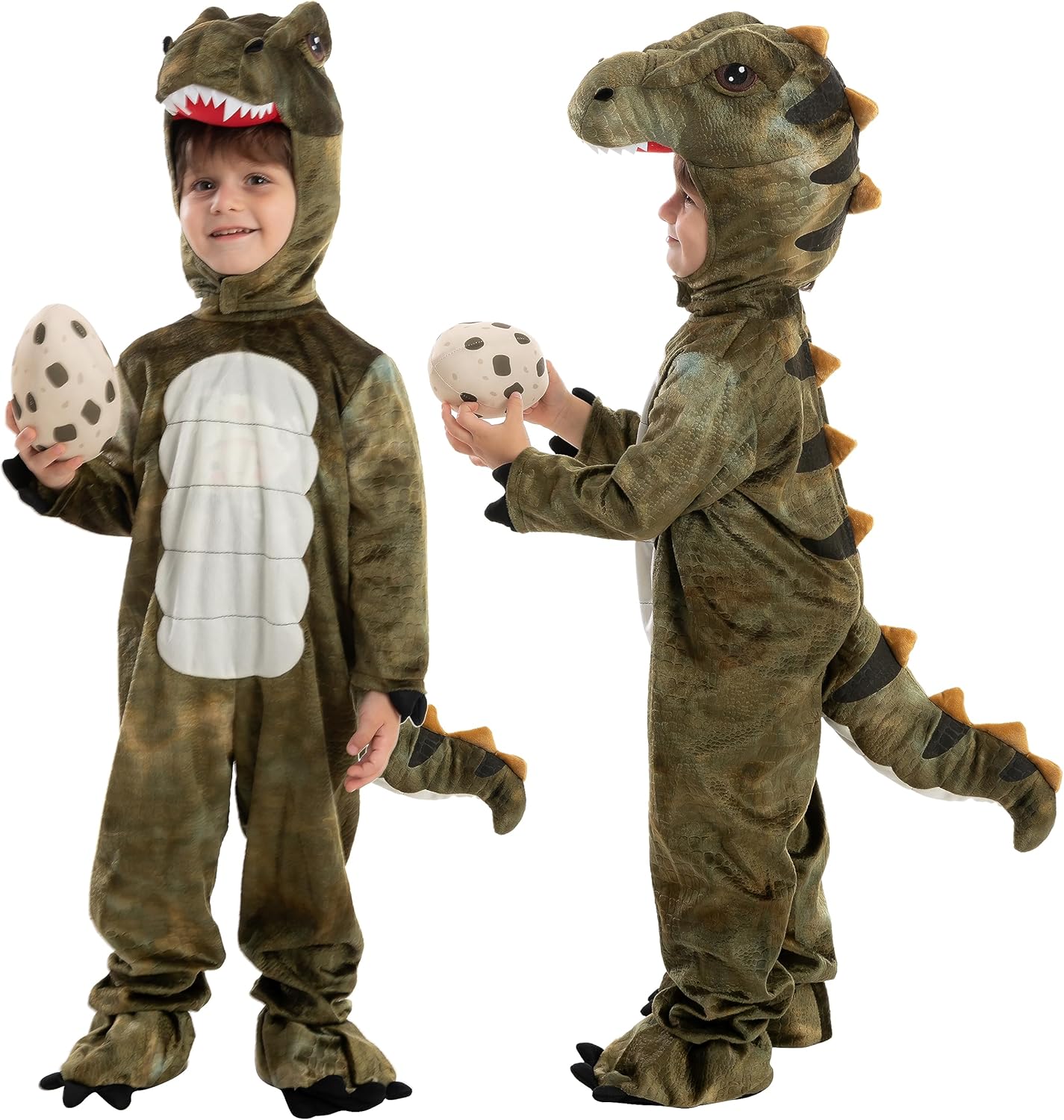 Two children in dinosaur costumes holding egg-shaped objects on a white background