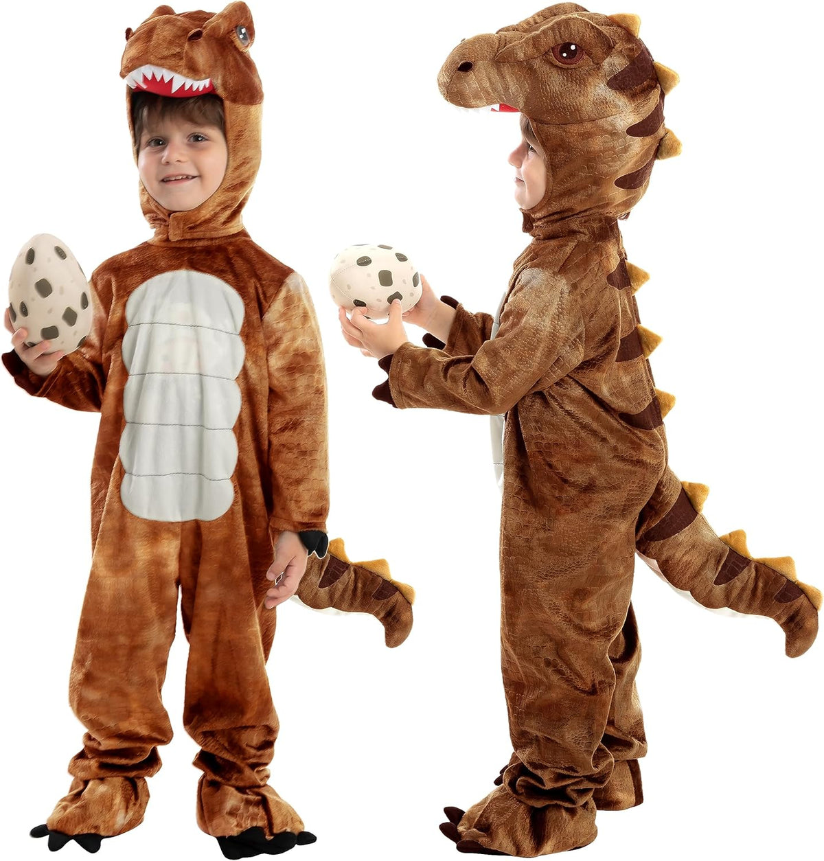 Two children in dinosaur costumes holding eggs on a white background