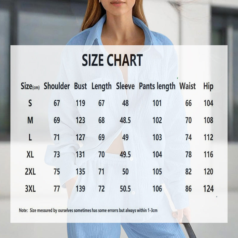 Person wearing a blue shirt with a size chart overlay