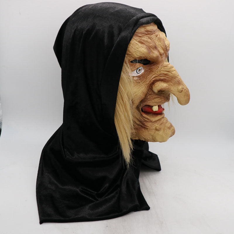 Halloween mask with black hood and detailed face on a white background
