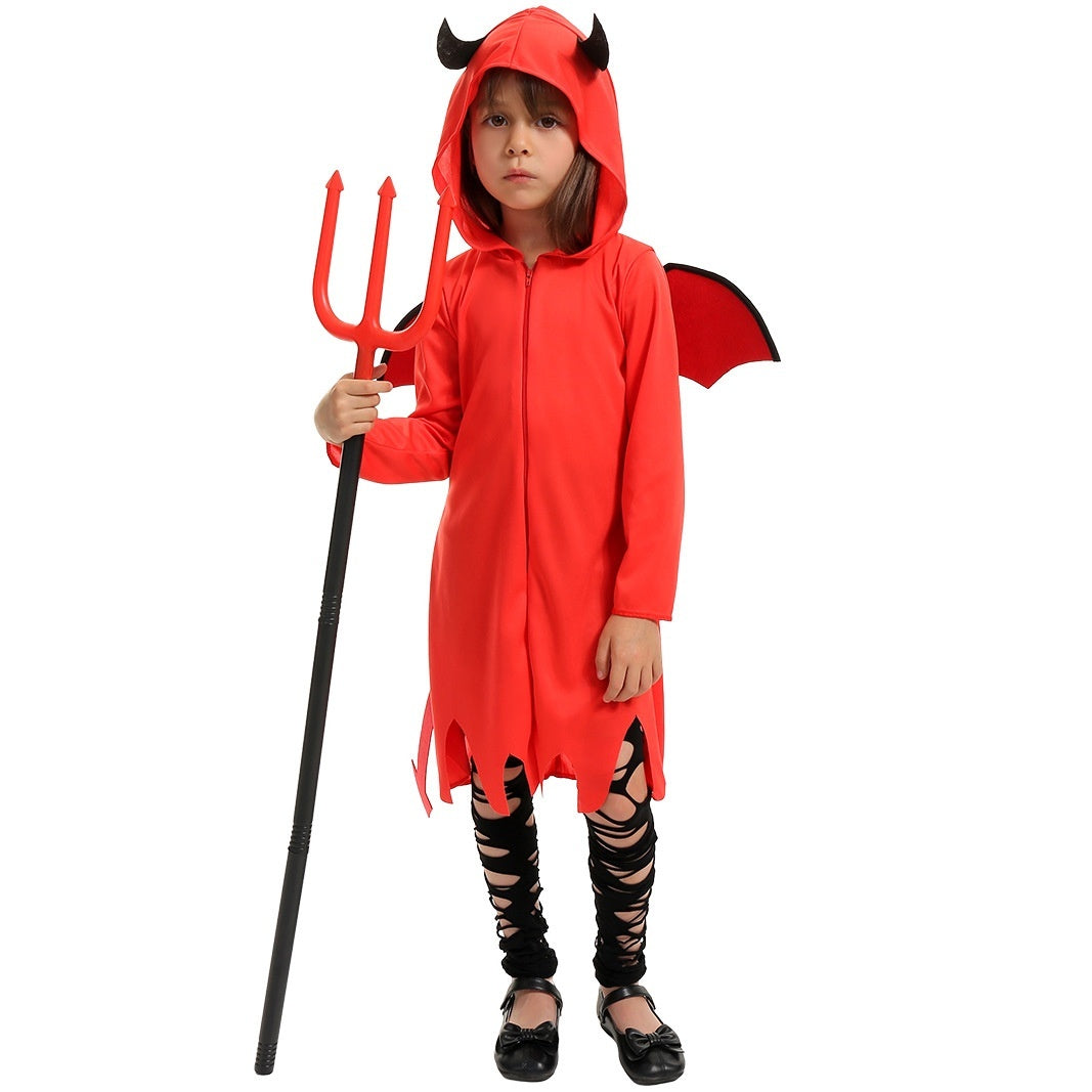 A child wearing a red devil costume with black horns, black wings, and ripped black tights, holding a black toy pitchfork against a plain white background.
