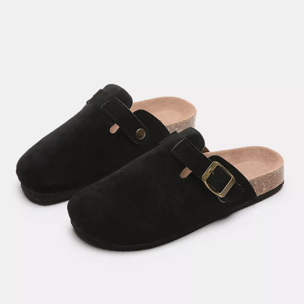Suede Closed-Toe Buckle Slide – Faux Suede Flat Sandal