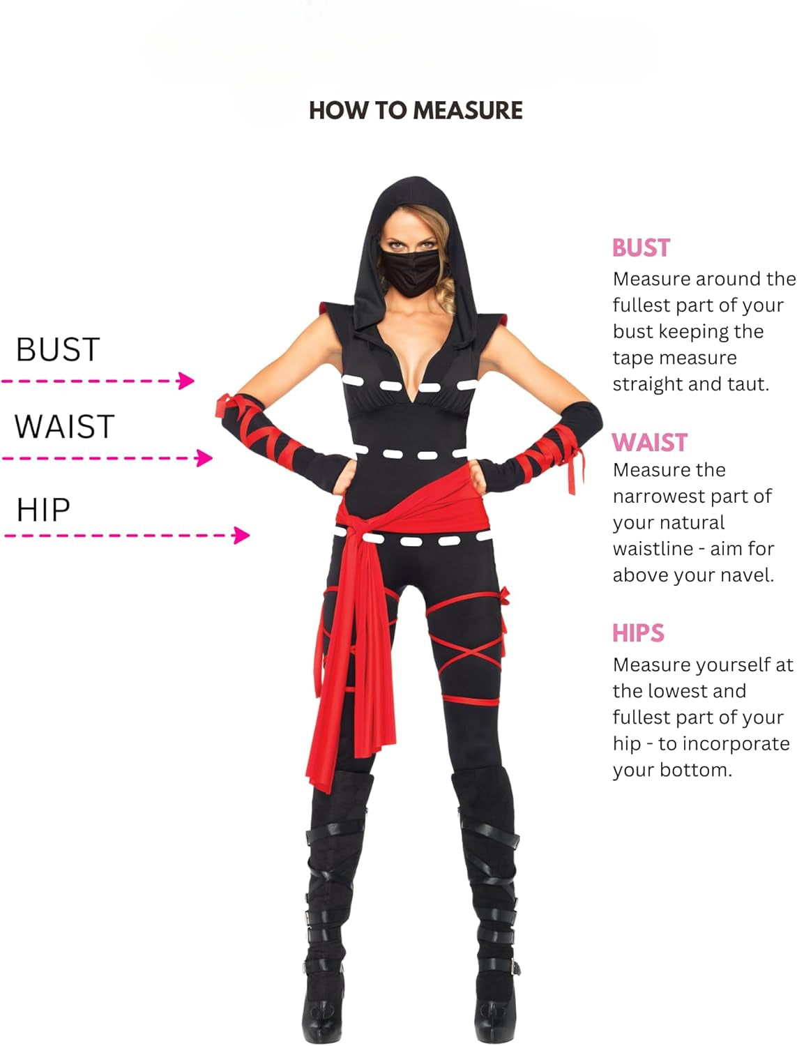 Ninja costume with measurement guide on a white background
