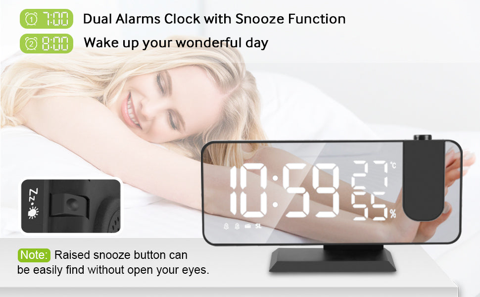 Mirror Projection Alarm Clock | Ceiling & Wall Display | Temperature | Silent