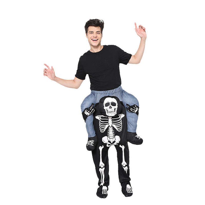 Person wearing a skeleton piggyback costume on a white background