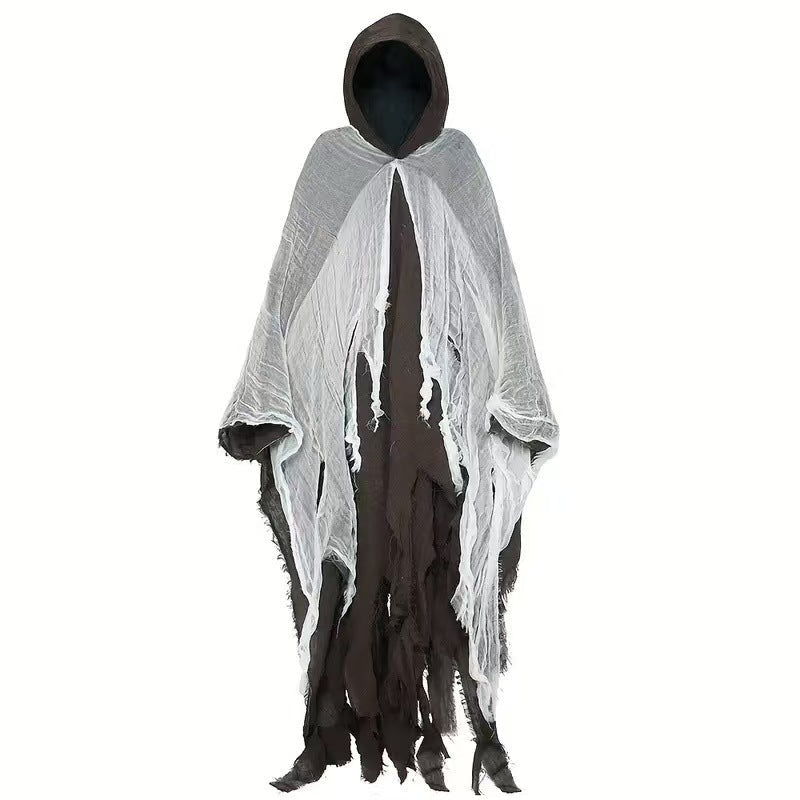 Ghostly costume with white shroud and dark hood on a white background