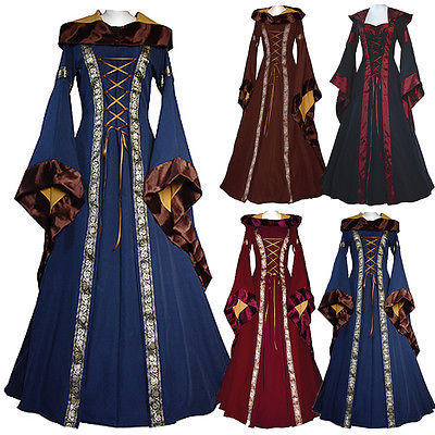Collection of medieval-style dresses in various colors on mannequins.