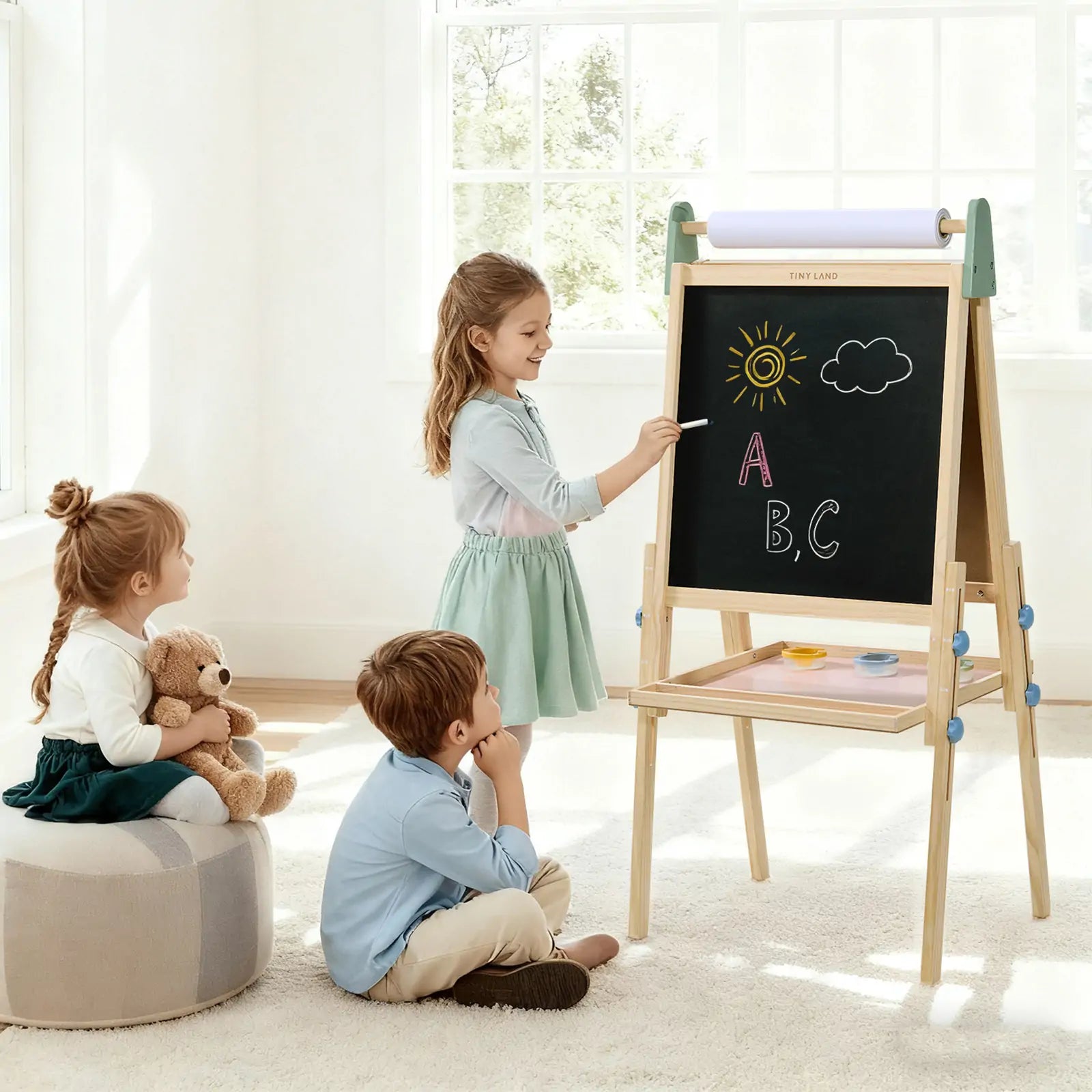 Tiny Land Double-Sided Kids Art Easel – Chalkboard, Whiteboard & Paper Roll