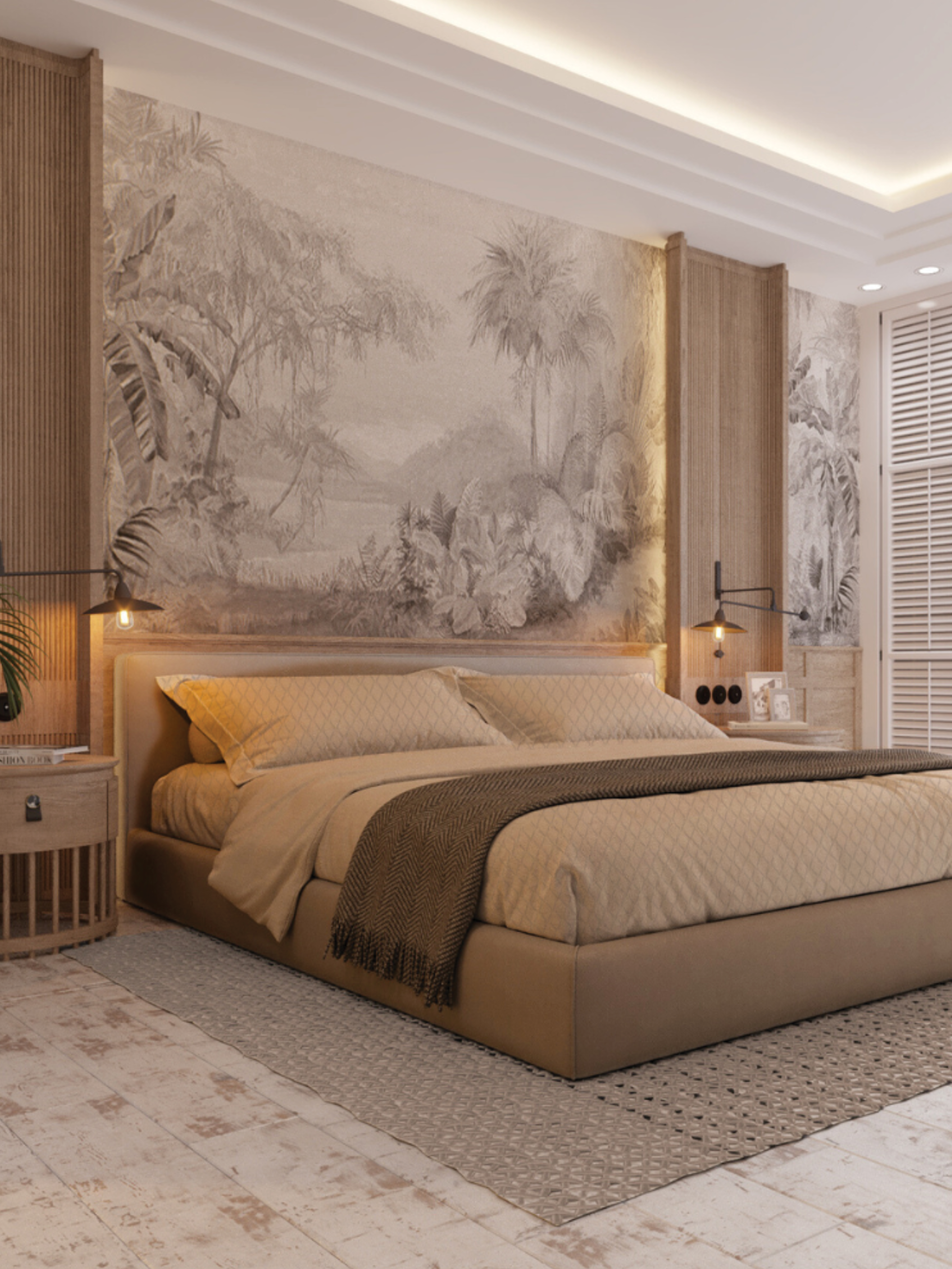 Modern bedroom with a large wall mural and neutral color scheme
