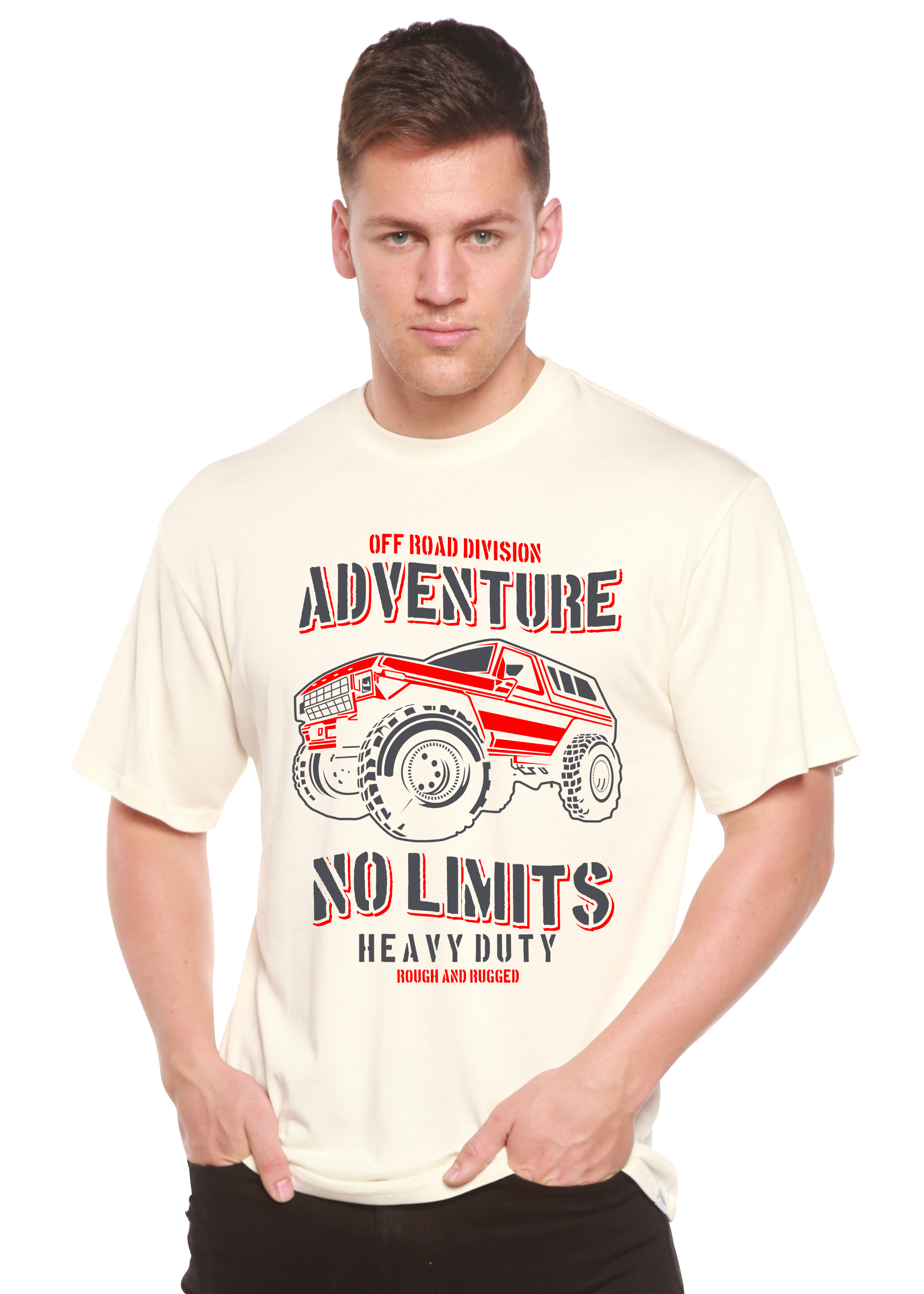Man wearing a t-shirt with off-road vehicle graphic and text on a white background