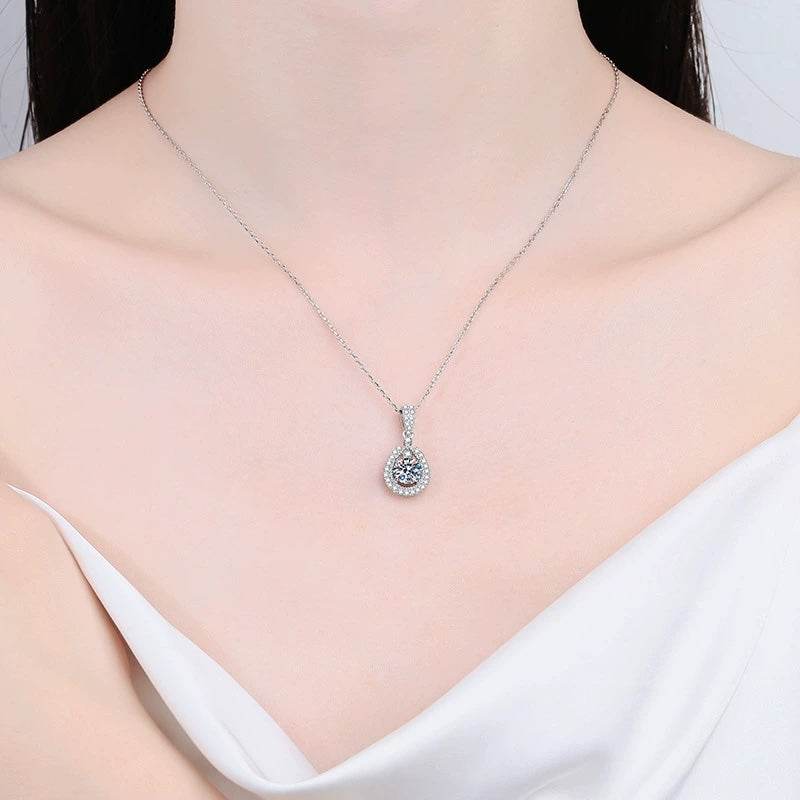 S925 Moissanite Teardrop Halo Pendant Necklace | VVS1 D-Grade 1–5ct