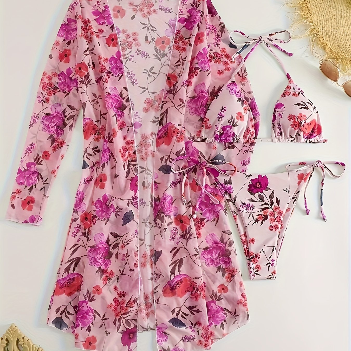 Floral Three-Piece Bikini Set – V-Neck, Cover-Up, Removable Padding