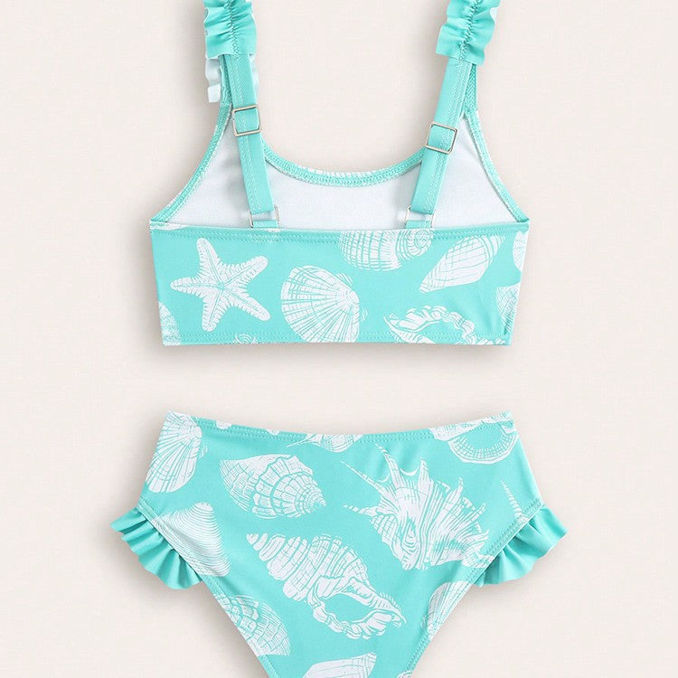 Mädchen hellblaues Badeanzug-Set mit Blumenmuster | Polyester & Spandex | Alter 4–8