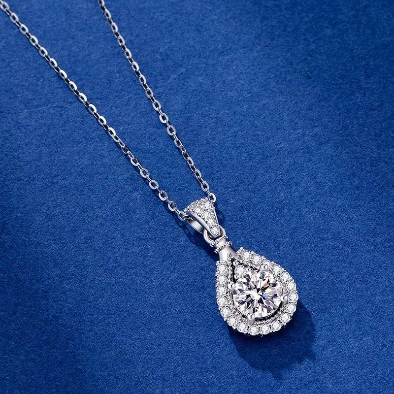 S925 Moissanite Teardrop Halo Pendant Necklace | VVS1 D-Grade 1–5ct