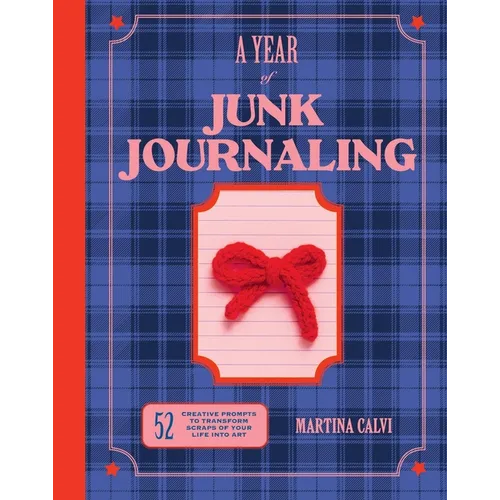 Book cover of 'A Year of Junk Journaling' with a plaid pattern and red bow design.
