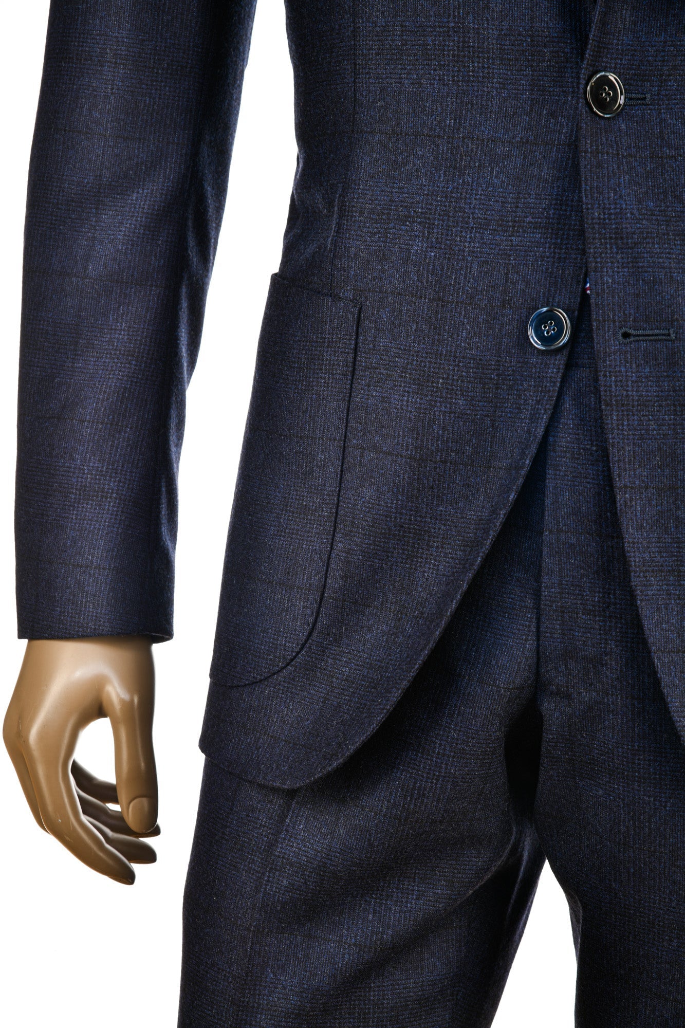 Navy blue suit jacket and pants on a mannequin with a white background