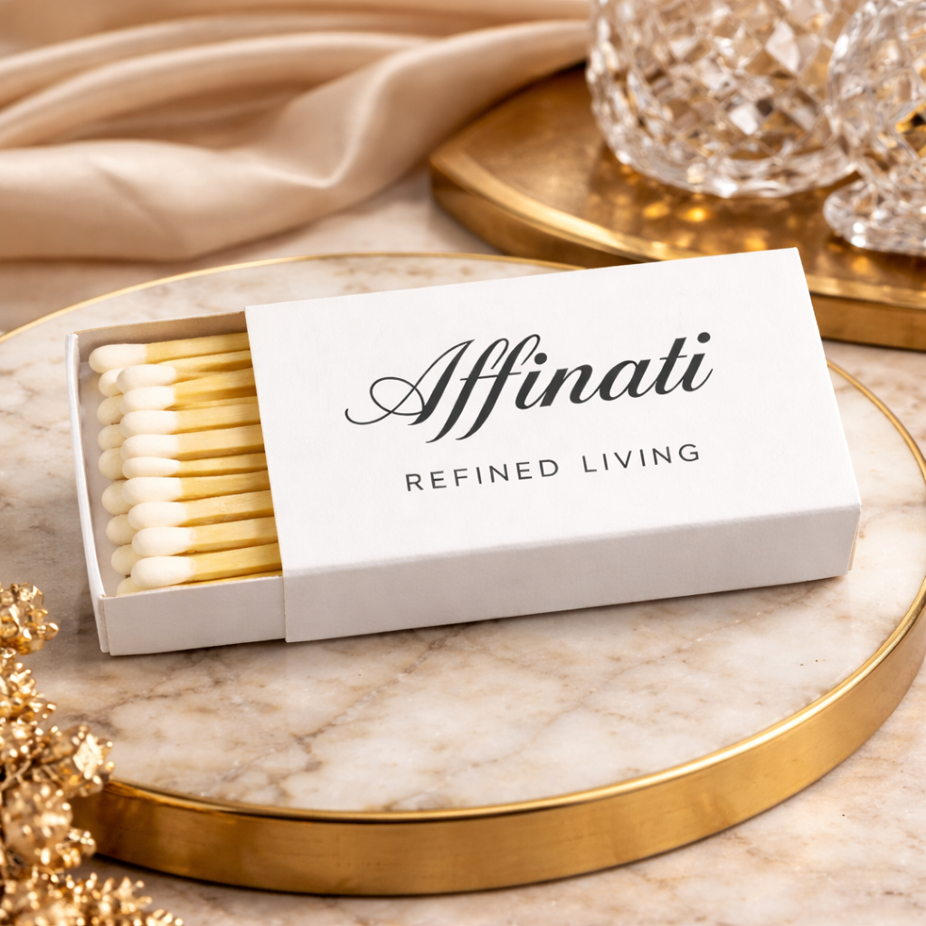 Box of matches with 'Affinati Refined Living' branding on a marble surface.